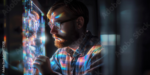 An engineer examines a holographic display of a quantum computer model, the display casting light and soft shadows around the dark laboratory, suggesting the depth and complexity o © Катерина Євтехова