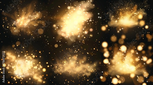 Light shines on a transparent background. Modern illustration of shimmering glitter particles over a yellow flash. Magic energy, bokeh effect, sunlight rays.