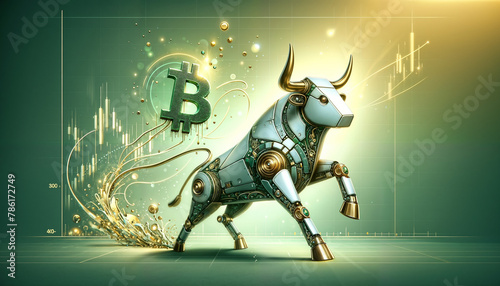 Bitcoin coin with silver robot bull, stock chart on light background. Bullish market of BTC