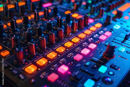 A close shot of DJ mixer with colorful knobs and sliders with a dark environment glowing in dark with space for text, Generative AI.