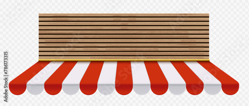 Wooden slats banner and striped sunshade on the front of the store. Template outdoor awnings. Isolated on a transparent background. Vector mockup