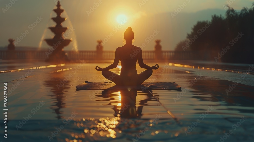 Person Meditating in Lotus Position by Fountain