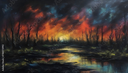 A scary swamp landscapes. Abstract art.