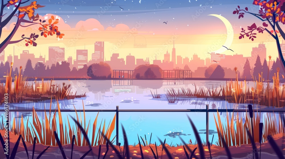 Cartoon landscape at sunrise with a pond near a metal fence in an early morning city park with reed and grass bushes. Outdoor panoramic landscape with crescents and urban skylines.