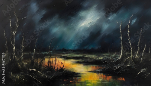 A scary swamp landscapes. Abstract art. photo
