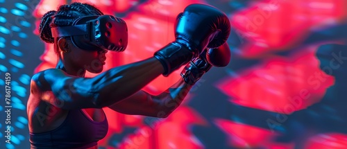 Electrifying Woman Performing a VR Boxing Routine with Neon Lights Casting Vivid Shadows that Mirror Her Powerful Movements Blending Fitness and © Meta