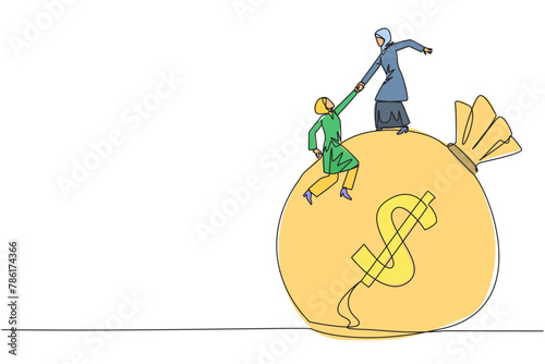 Single one line drawing Arabian businesswoman helps colleague to climb money bag. Collaborate to gain mutual benefit. Stronger together. Great teamwork. Cohesive. Continuous line graphic illustration