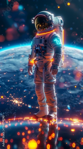 Futuristic Astronaut Exploring Neon Lit Distant Planet in 3D Rendered Space Vision © Meta