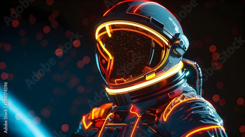 Futuristic Astronaut Portrait with Dramatic Neon Lighting and Infinite Space Backdrop in 3D Render