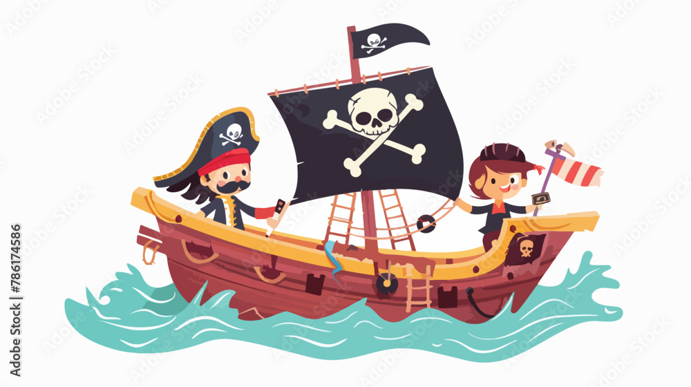 Kids pirate ship with boy and girl captain 