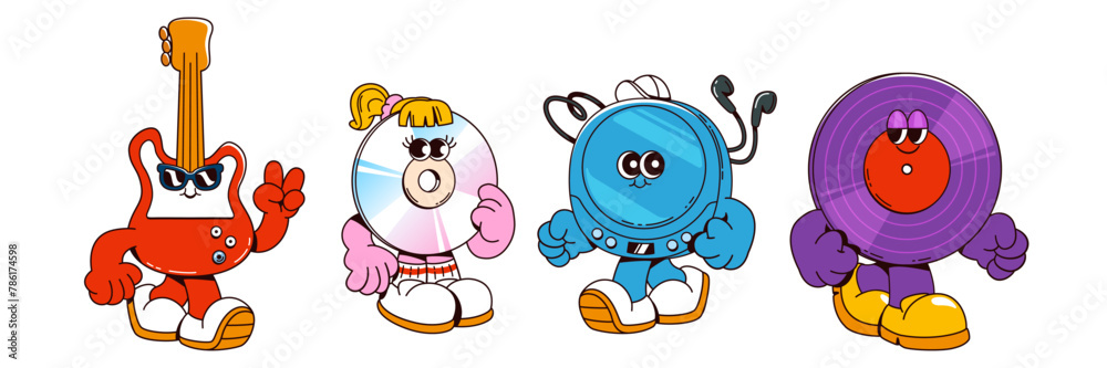 Music and disco party retro groovy cartoon characters. Vector illustration set of cute vintage comic mascot of guitar and cd, record player and vynil. Funky smile personage of audio equipment. - obrazy, fototapety, plakaty 