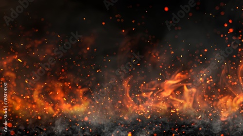 Modern realistic illustration with sparks, embers, and red smoke. Burning coal, grill, hell or bonfire, flame glow, flying orange sparkles, and fog over black background.