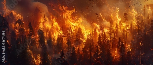 Intense Wildfire Engulfs Vibrant Forest Wildlife Fleeing Raging Flames in Dramatic Climate Induced Disaster Scene