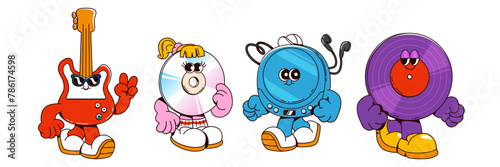 Music and disco party retro groovy cartoon characters. Vector illustration set of cute vintage comic mascot of guitar and cd, record player and vynil. Funky smile personage of audio equipment.