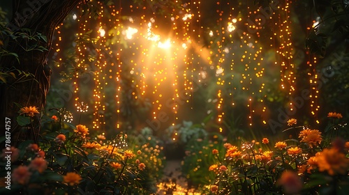 Create an enchanting garden oasis, where lush foliage intertwines with delicate fairy lights, forming a whimsical tapestry of natural beauty and ethereal charm.