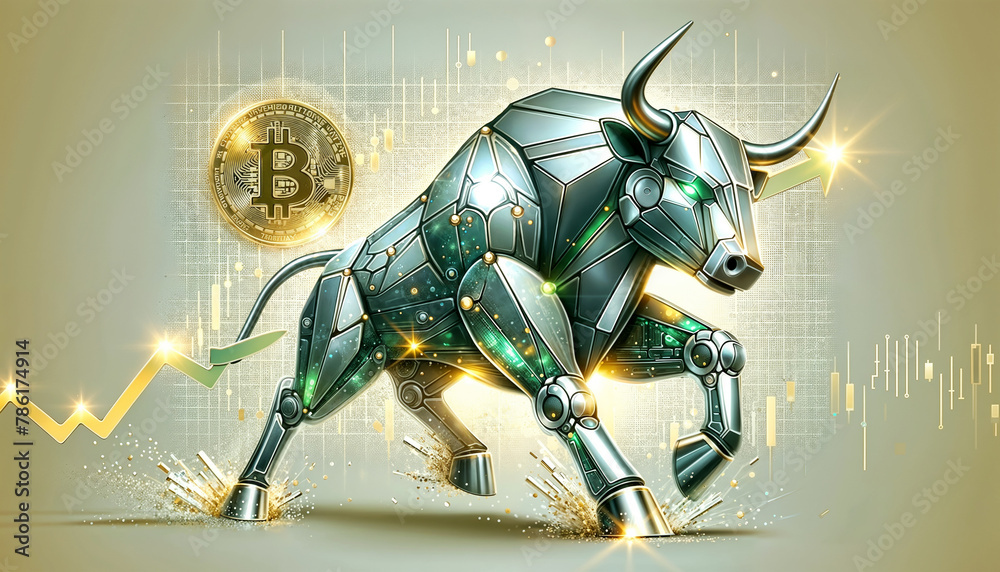 Bitcoin coin with silver robot bull and stock chart isolated on light background. Bullish market of BTC Bitcoin coin with silver robot bull and stock chart isolated on light background. Bullish market of BTC
