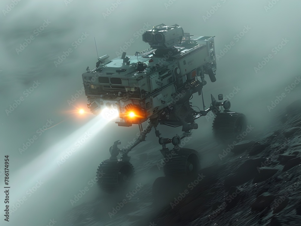 Robotic Explorer Navigating Fog Shrouded Alien Landscape in Search of Undiscovered Life