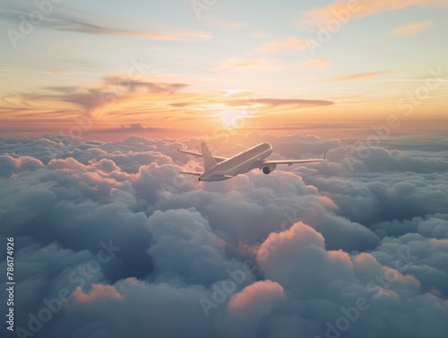 white airplane shot from air long lens with sunset and clouds, plane travel destination concept photo