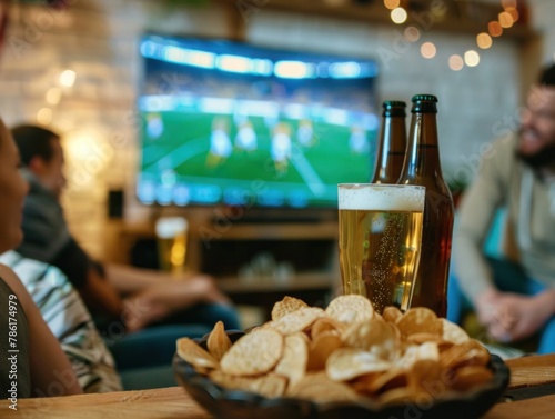 overshoulder shot group friends chips beer in front of television with European championship football tV out of focus