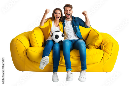 Cheerful couple woman man football fans cheer up support favourite team on sofa with soccer ball, hugging, clenching fists Isolated on transparent background.