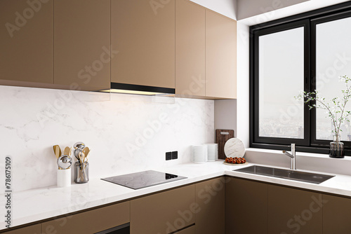 Light kitchen interior with bar countertop, washbasin and kitchenware