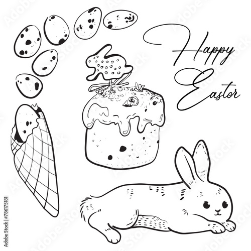 Set of 4 Easter items. Krashanki, pysanki, rabbit, paska, kulich. Doodle elements. 