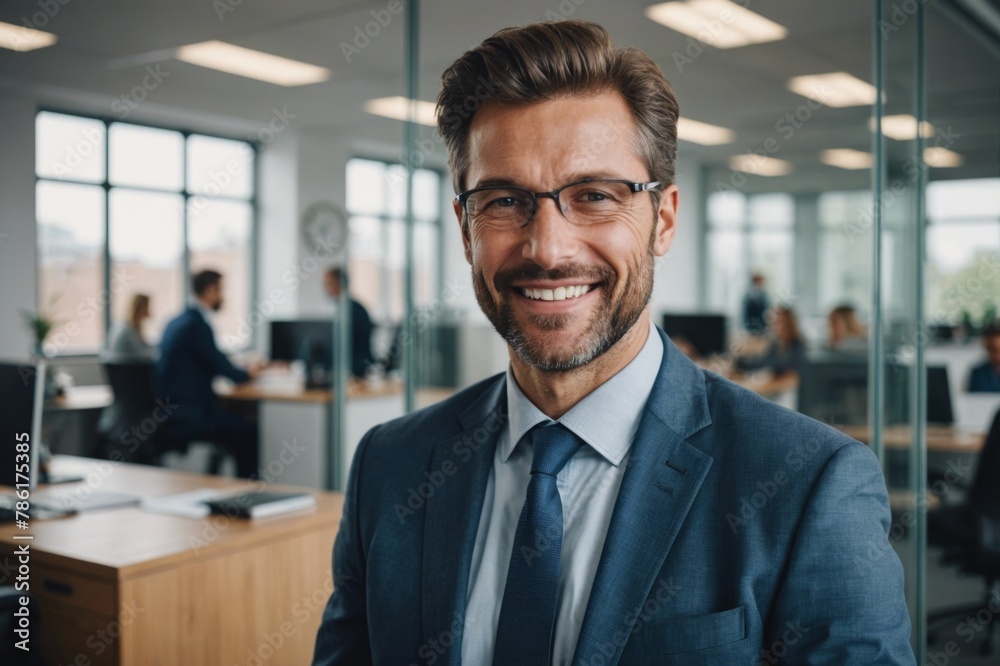 Happy businessman seen through glass in office Happy businessman seen through glass in office