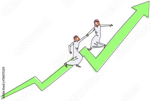 Single continuous line drawing Arabian businessman helps colleague to climb the rising arrow symbol. Help each other to achieve satisfactory targets. Grow together. One line design vector illustration