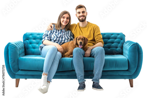 Young couple sitting with a dog on a modern sofa Isolated on transparent background.