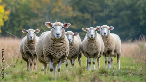 A group of white sheep feeds in an enclosed meadow