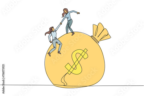 Single one line drawing businesswoman helps colleague to climb money bag. Collaborate to gain mutual benefits. Stronger together. Great teamwork. Cohesive. Continuous line design graphic illustration