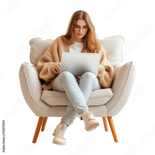 Young woman works on a laptop sitting in a comfortable chair Isolated on transparent background.