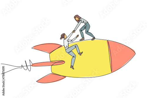 Single continuous line drawing businesswoman helps colleague climb flying rocket. Metaphor help in managing company branches. Skyrocketed like the previous business. One line vector illustration