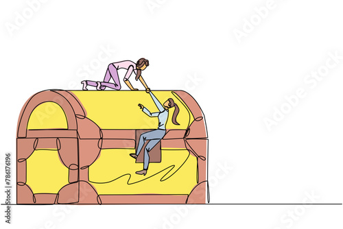 Single one line drawing businesswoman helps colleague climb a large treasure chest. Getting extraordinary profits. Share equally. Stronger together. Reward. Continuous line design graphic illustration