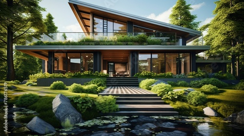 Modern house with solar panels by a lake at dusk, surrounded by trees. © Xfinity Stock