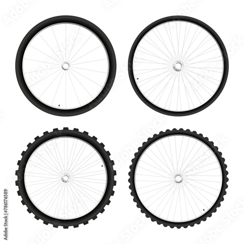 4 types of bicycle wheels. Bicycle wheel symbol,vector. Bike rubber. Mountain tyre. Valve. Fitness cycle. Motor Bike. Vector illustration