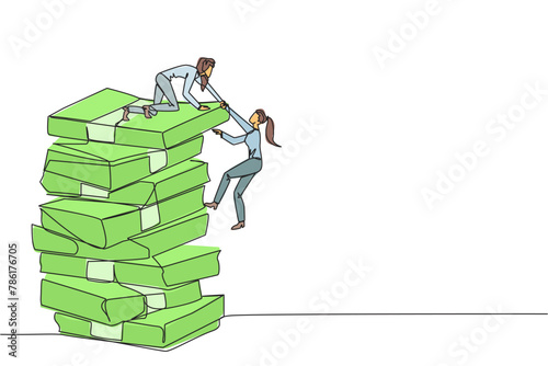 Принти на полотні Continuous one line drawing businesswoman helps colleague climb large pile of banknotes