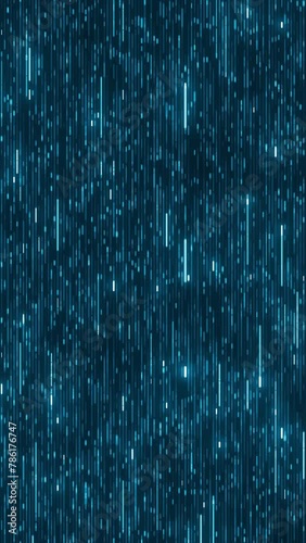 Digital pattern with neon blue running lines. Loopable hi tech abstract light blue technology background. Seamless reversible loop of program code moving in cyberspace. AI, big data transfer. Vertical