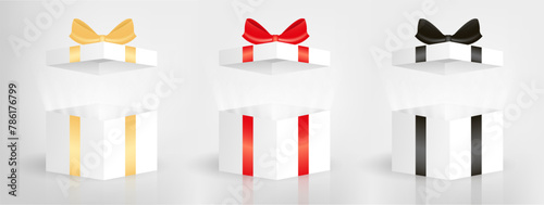 Vector set of exploded white gift boxes with red, black, gold ribbons, isolated on white background. Mystery box with empty space, for an object, or text placement. Vector illustration