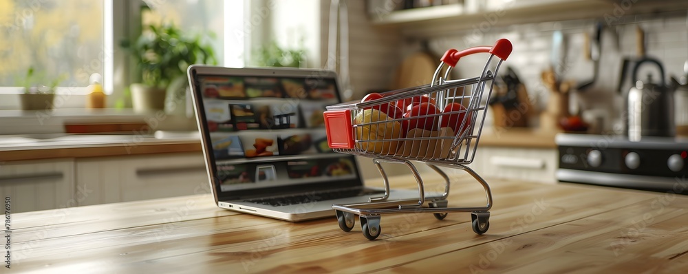 Shopping Cart Model and Laptop on Kitchen Counter Depicting Online Grocery Shopping with Blurred Appliances in Background
