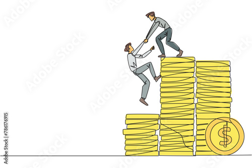 Continuous one line drawing businessman helps colleague climb pile of coins. Metaphors help achieve financial targets before entering retirement. Teamwork. Single line draw design vector illustration