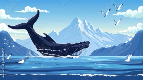 The image shows a humpback whale diving in ocean bay, mountain landscapes on the horizon, and seagulls hovering above. Modern cartoon illustration of marine mammals diving in ocean bay, wildlife photo