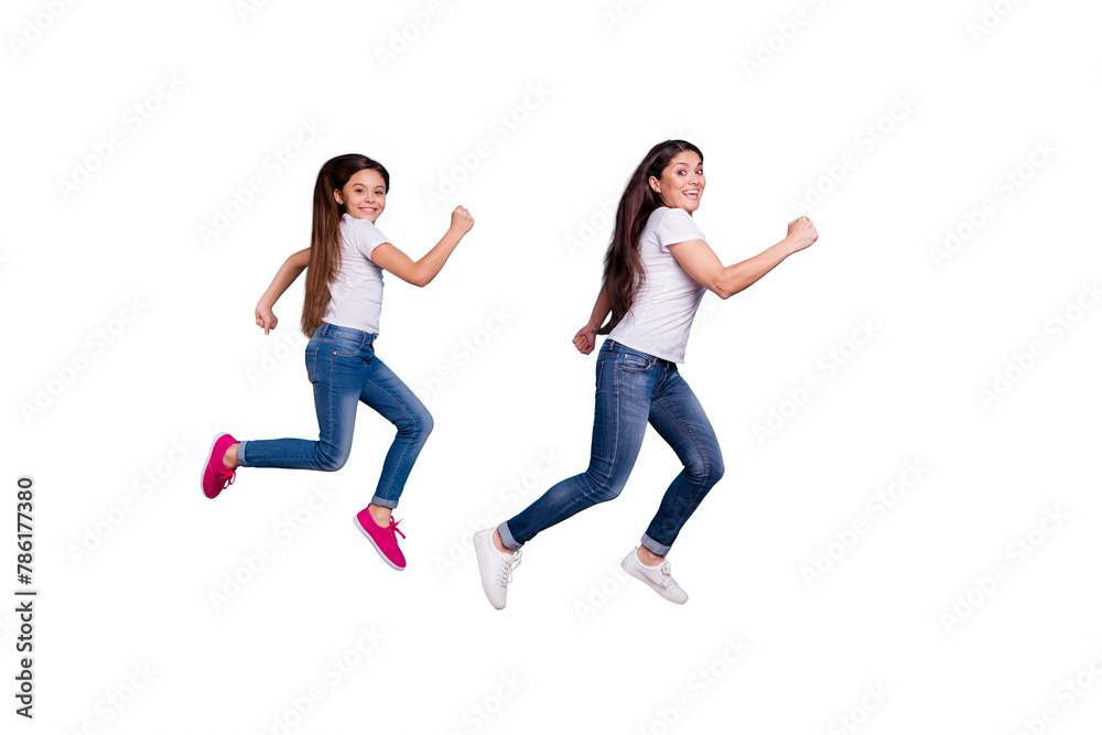Full length body size profile side view of two nice sweet lovely attractive cheerful cheery funny slim sporty people in white t-shirt having fun isolated over blue pastel background