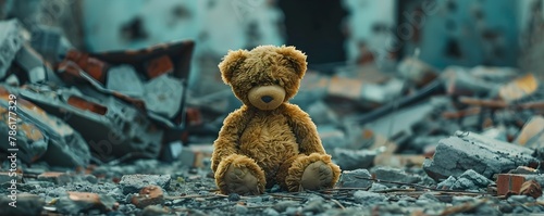 Lone Teddy Bear Amidst Rubble of Bombed Out Building Symbolizing Lost Childhood Innocence in War Torn Areas