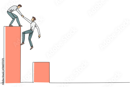 Continuous one line drawing businessman helps colleague climb bar graph. Helping to climb to higher ground. Move forward and success together. Teamwork. Single line draw design vector illustration