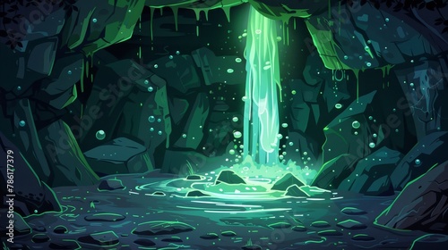 A dark, toxic game cave set against a cartoon background. A fantasy poisonous dungeon with green waterfalls and underground streams. A scene in an inner mountain range with glowing sewage and
