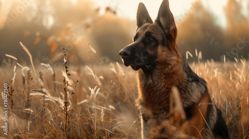 German Shepherd dog in tall grass field, carnivore with fawn snout photo