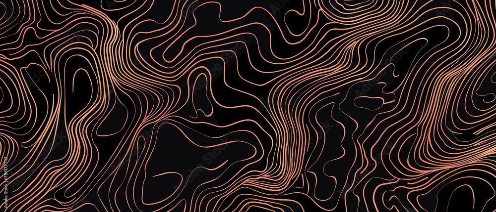 Luxury abstract rose gold liquid lines pattern on black background. Elegant hand drawn line texture. Fluid line art.for banner, brochure, cover, flyer, poster, presentation.