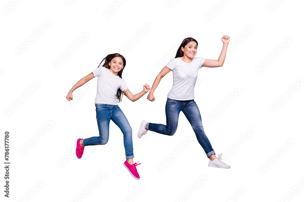 Full length body size profile side view of two nice crazy lovely attractive cheerful funny slim sporty people in white t-shirt having fun rush hour isolated over blue pastel background Full length body size profile side view of two nice crazy lovely attractive cheerful funny slim sporty people in white t-shirt having fun rush hour isolated over blue pastel background