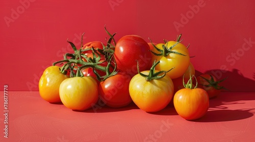 Arrangement of vibrant yellow and red heirloom tomatoes on a red surface © 2rogan